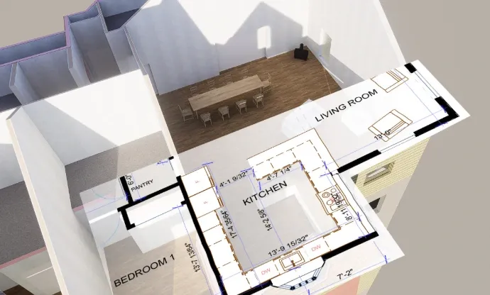 Blueprint and 3D model overlay of an FTR Craftsmen job in Creswell, Oregon