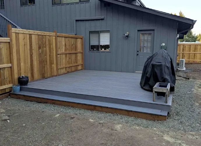 A split deck on a townhouse duplex in Eugene, Oregon