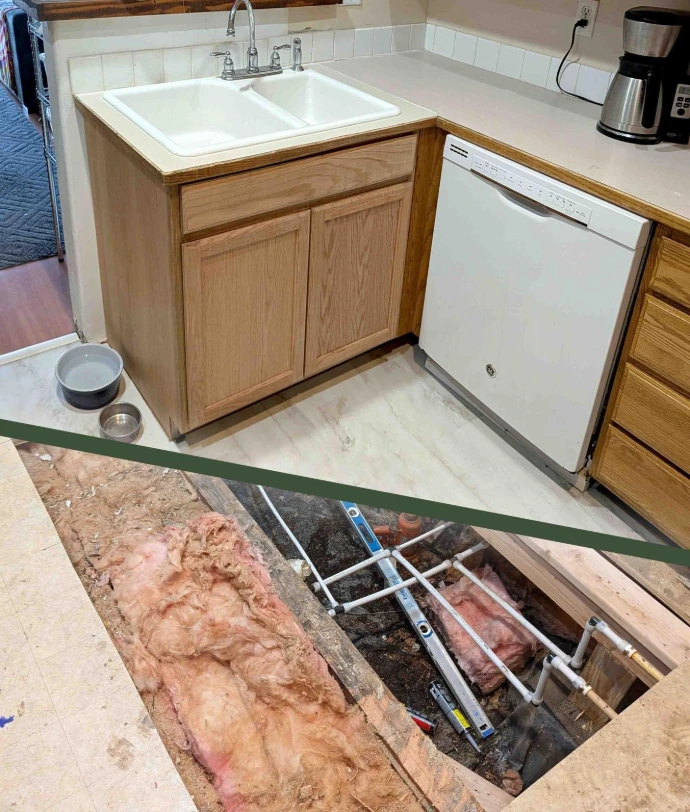 A before and after split image of a kitchen floor repair after severe water damage in Springfield, Oregon